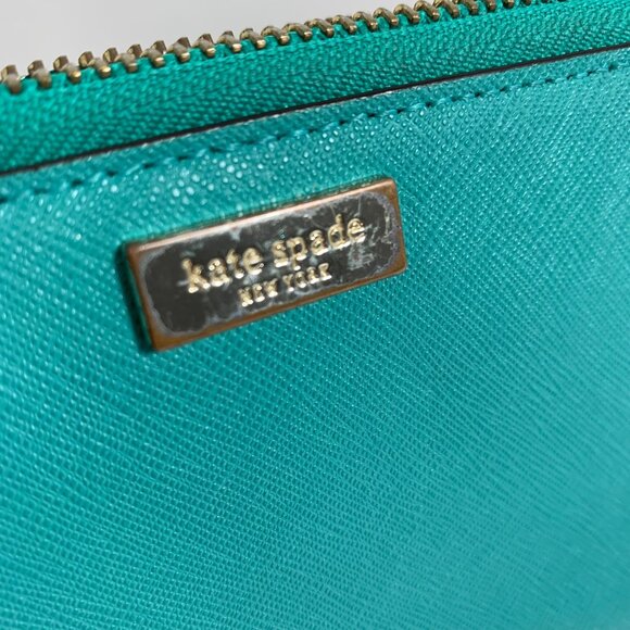 Kate Spade New York Teal Leather Zip-Around Wallet Gold Logo Hardware Womens - Picture 12 of 13